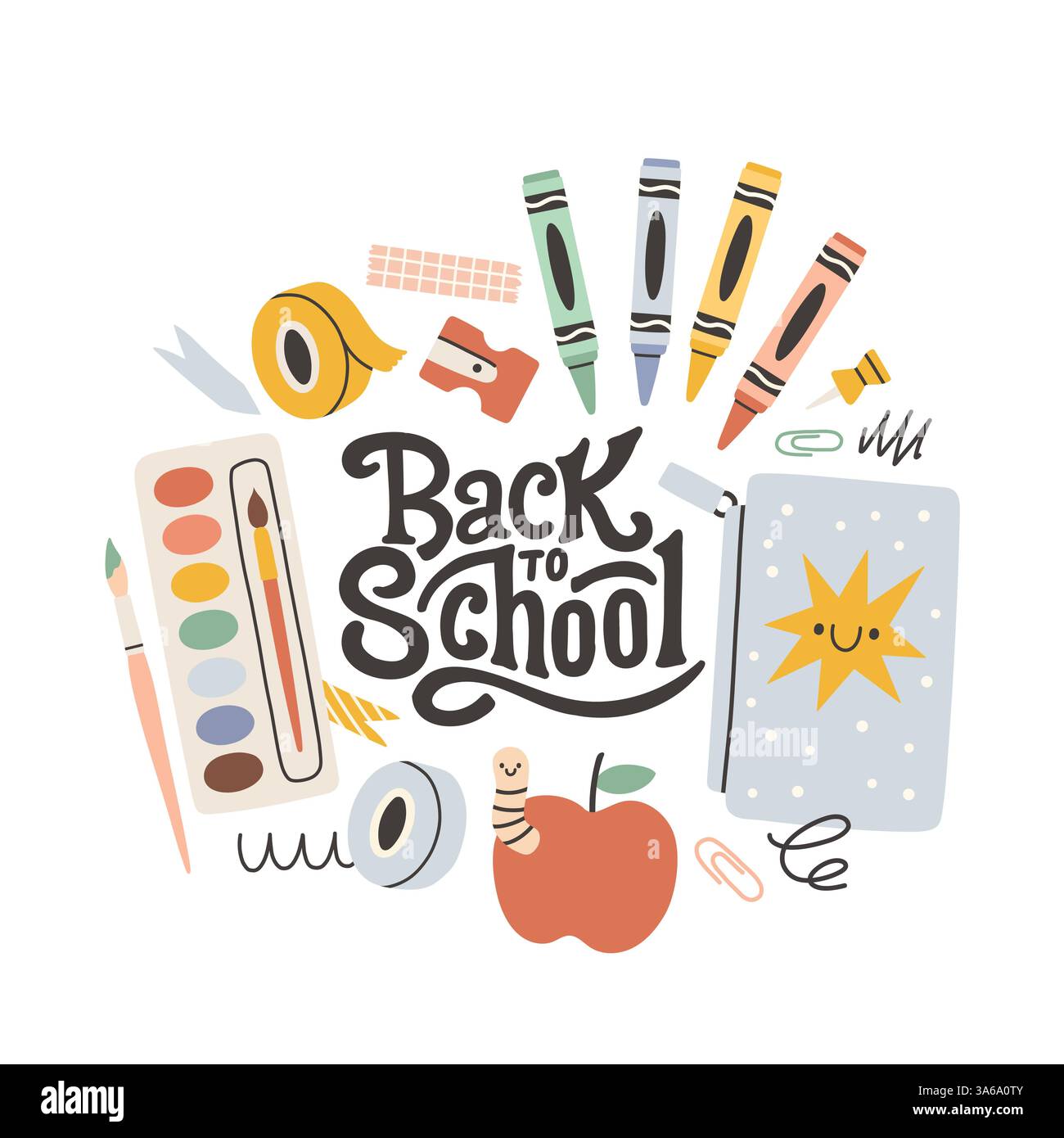 Etichetta di ritorno a scuola. Scheda poster per lo sfondo scolastico. Etichetta di vendita. Illustrazione vettoriale piatta. Badge disegnato a mano. Emblema tipografico Illustrazione Vettoriale