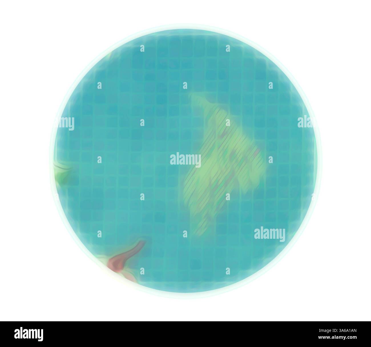 Una vista circolare di un corpo d'acqua con una silhouette isolana al centro, circondata da sfumature di costa e colori vivaci. Arte classica con un tocco moderno reinventata da Artotop, tessuti francesi trasformati, prima metà del diciannovesimo secolo Foto Stock