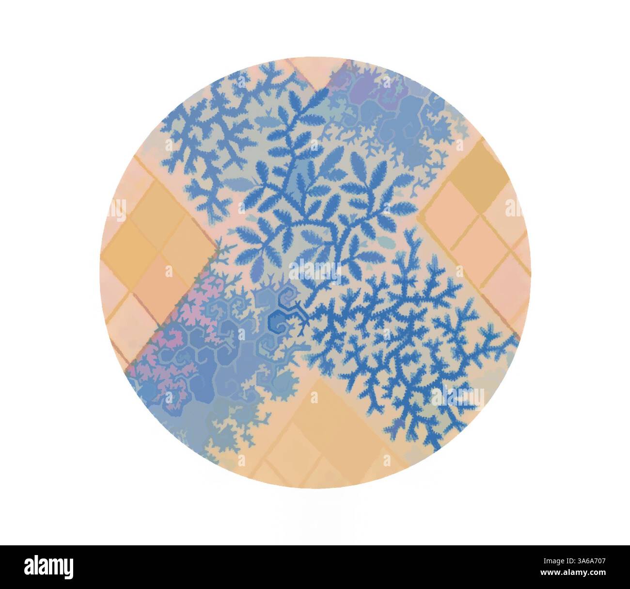 Un complesso design circolare caratterizzato da una miscela di motivi geometrici e motivi organici, che sfoggiano delicate foglie blu su un morbido sfondo di colori pastello. Arte classica con un tocco moderno reinventata da Artotop, tessuti francesi trasformati, prima metà del diciannovesimo secolo Foto Stock