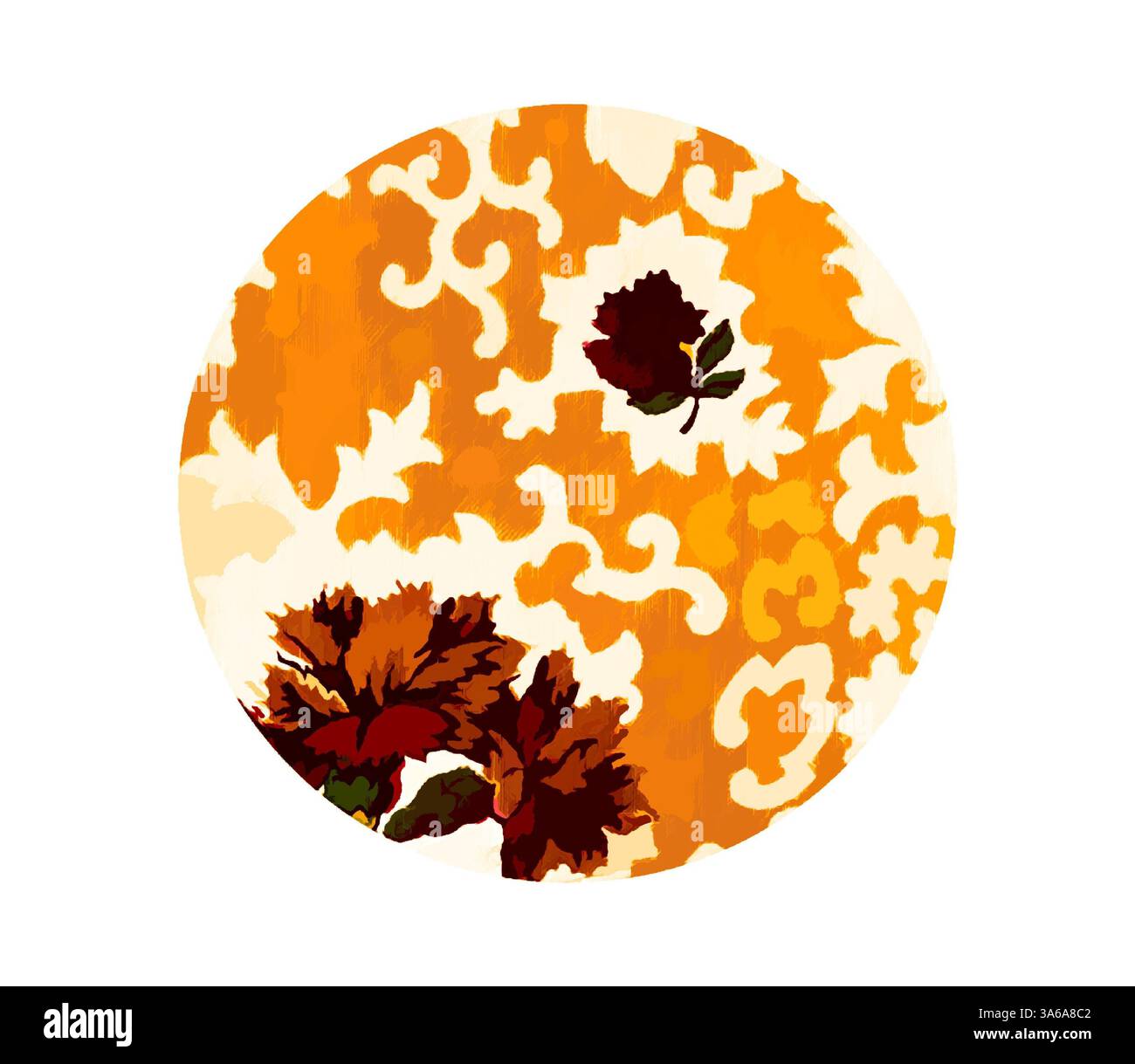 Un design circolare complesso con audaci motivi floreali in vivaci sfumature di arancio e crema, accentuati da fiori rossi più profondi per una maggiore profondità e contrasto. Arte classica con un tocco moderno reinventata da Artotop, tessuti francesi trasformati, prima metà del diciannovesimo secolo Foto Stock