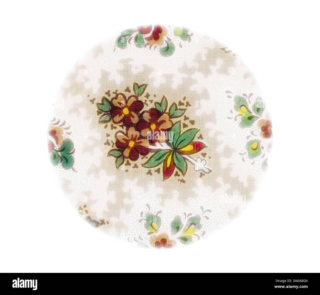 Un piatto circolare adornato da un vivace motivo floreale caratterizzato da fiori rossi, gialli e verdi su uno sfondo chiaro. Il design intricato mette in mostra un mix di arte e tradizione, portando un tocco di colore ed eleganza a qualsiasi ambiente da tavolo. Arte classica con un tocco moderno reinventata da Artotop, tessuti francesi trasformati, prima metà del diciannovesimo secolo Foto Stock