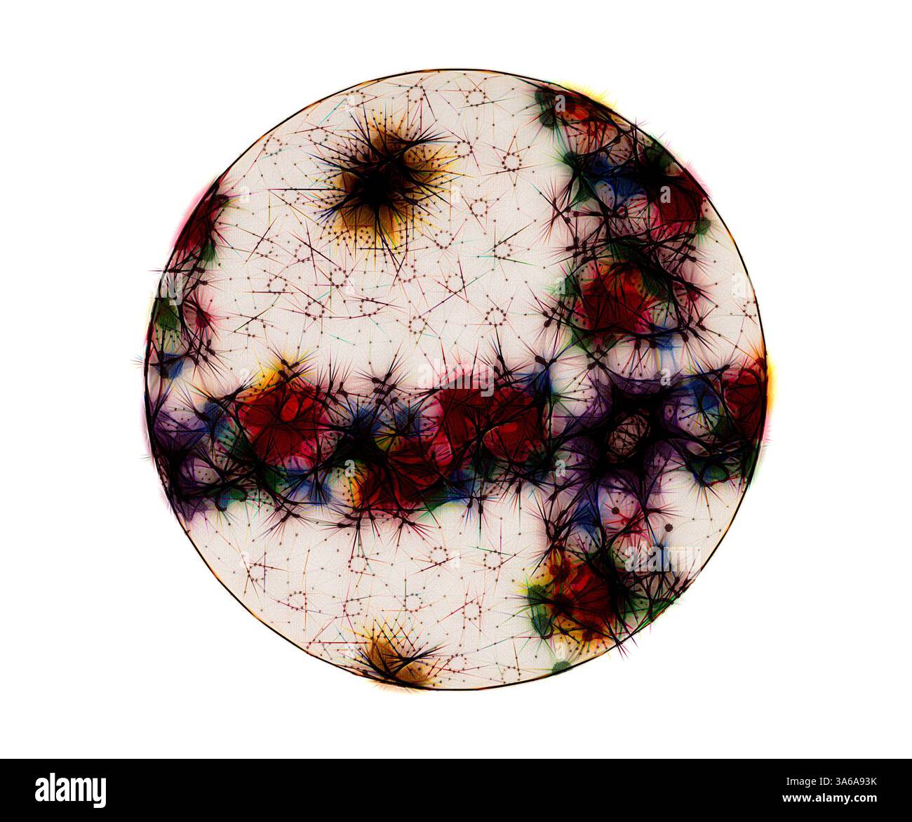 Un vivace motivo circolare pieno di forme intricate e interconnesse e raffiche di colore, simile a un design cosmico o botanico che evoca un senso di complessità organica e bellezza astratta. Arte classica con un tocco moderno reinventata da Artotop, tessuti francesi trasformati, prima metà del diciannovesimo secolo Foto Stock