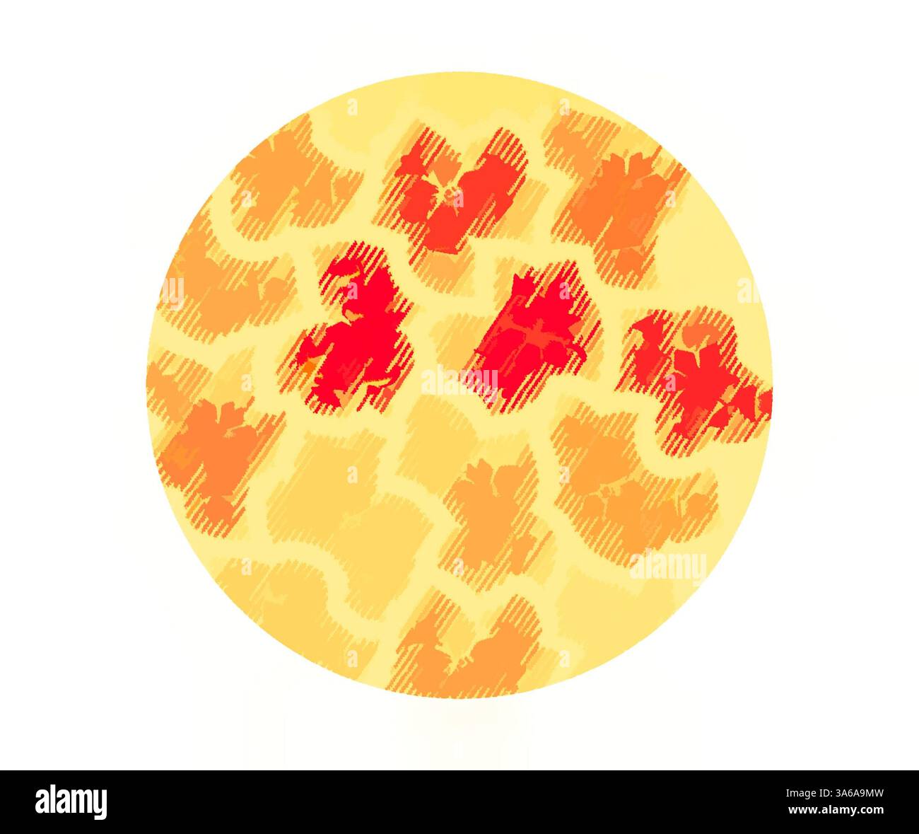 Un cerchio vibrante caratterizzato da un motivo di calde forme arancioni e rosse, che ricorda la stampa di animali, su un morbido sfondo giallo. Arte classica con un tocco moderno reinventata da Artotop, tessuti francesi trasformati, prima metà del diciannovesimo secolo Foto Stock