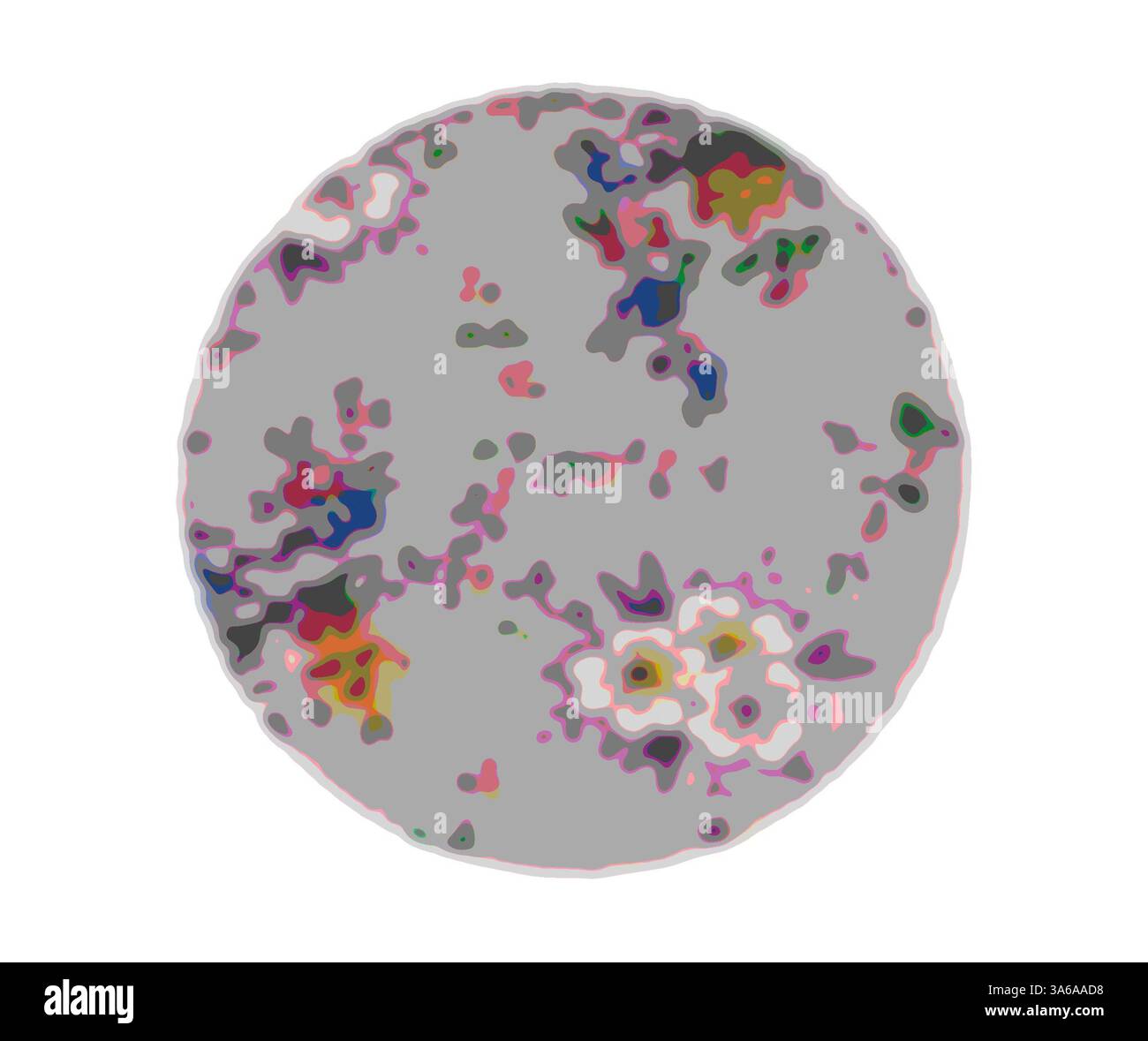 Una rappresentazione astratta circolare che mostra colori vivaci e motivi irregolari, suggerendo una superficie celeste dinamica e intrigante. Arte classica con un tocco moderno reinventata da Artotop, tessuti francesi trasformati, prima metà del diciannovesimo secolo Foto Stock