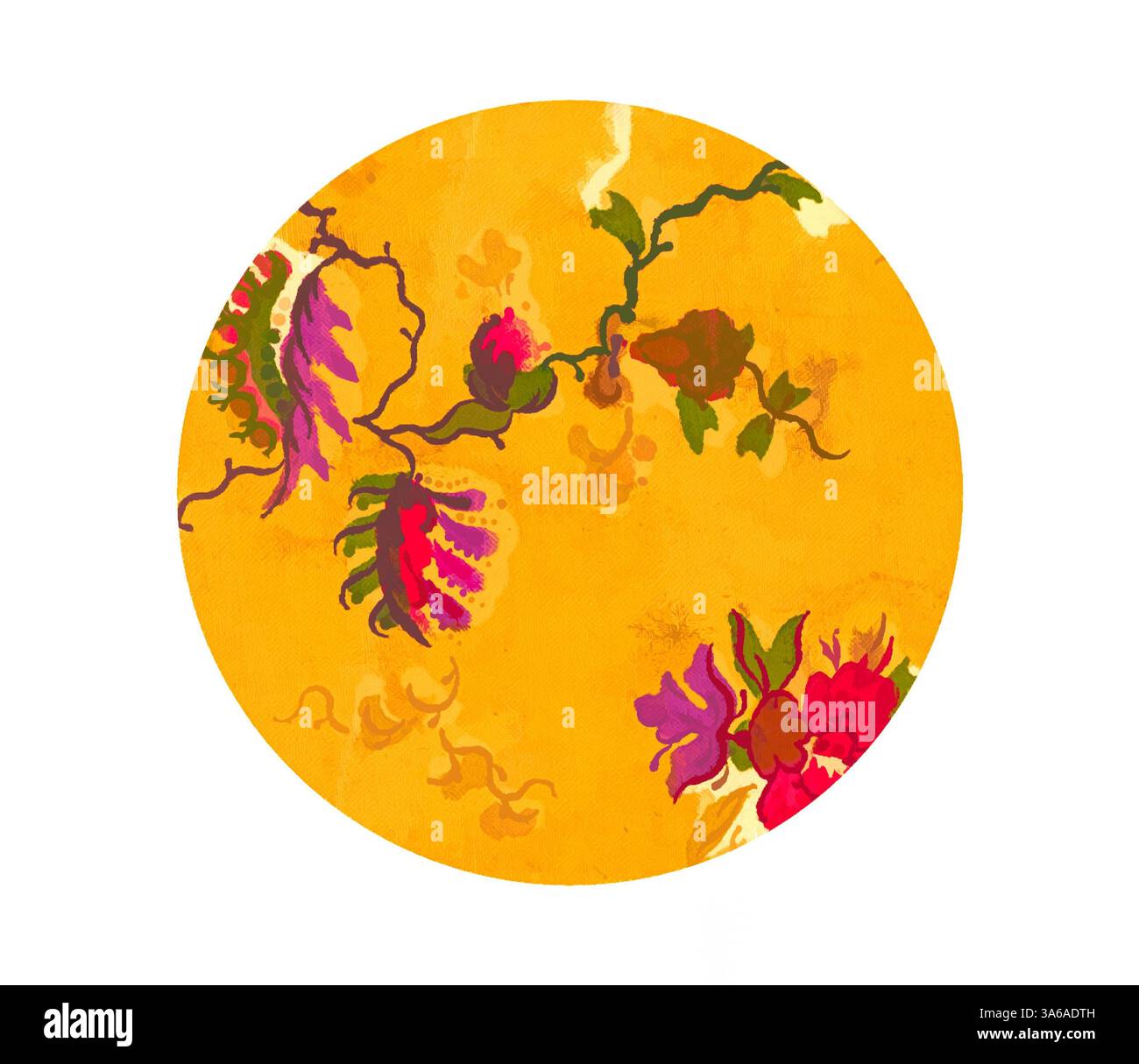 Un vivace arazzo di fiori si intreccia con delicati vitigni, adagiato su un caldo sfondo giallo, creando una composizione incantevole e vivace. Arte classica con un tocco moderno reinventata da Artotop, tessuti francesi trasformati, prima metà del diciannovesimo secolo Foto Stock