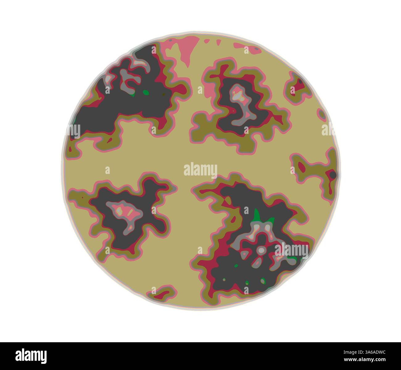Un motivo circolare presenta forme astratte in tonalità di verde, rosa e grigio scuro, creando un design fluido e organico che ricorda una mappa topografica. Arte classica con un tocco moderno reinventata da Artotop, tessuti francesi trasformati, prima metà del diciannovesimo secolo Foto Stock