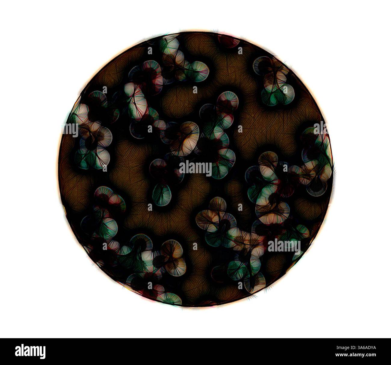 Un accattivante design circolare pieno di motivi intricati e vorticosi e colori vivaci, che assomigliano a una struttura cosmica o cellulare. La composizione evoca un senso di profondità e complessità, invitando l'esplorazione delle sue formazioni organiche. Arte classica con un tocco moderno reinventata da Artotop, tessuti francesi trasformati, prima metà del diciannovesimo secolo Foto Stock