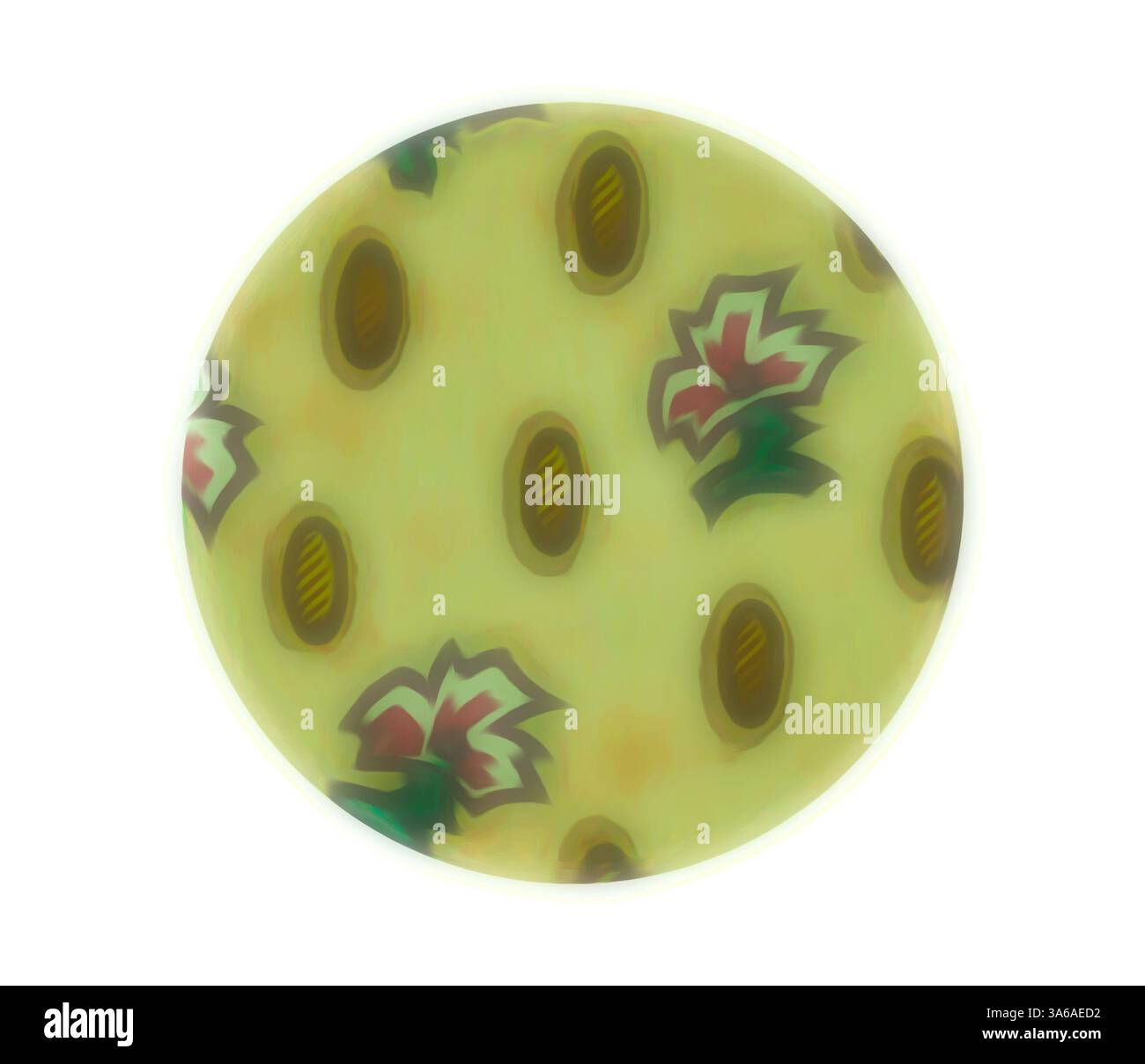 Una superficie gialla pallida adornata con sottili motivi floreali e forme ovali decorative, che creano un aspetto morbido e invitante. Arte classica con un tocco moderno reinventata da Artotop, tessuti francesi trasformati, prima metà del diciannovesimo secolo Foto Stock