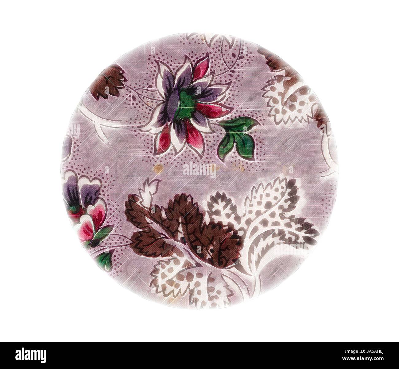 Un design circolare caratterizzato da un delicato motivo floreale con colori ricchi, che mostra vari fiori e foglie su un morbido sfondo pastello. Arte classica con un tocco moderno reinventata da Artotop, tessuti francesi trasformati, prima metà del diciannovesimo secolo Foto Stock