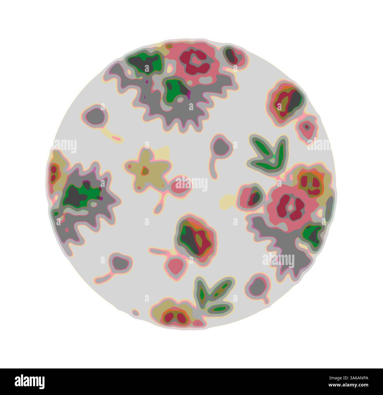 Un piatto circolare decorato con motivi floreali astratti in tonalità di rosso, verde e giallo, che crea un design vivace che aggiunge un tocco artistico a qualsiasi ambiente da tavolo. Arte classica con un tocco moderno reinventata da Artotop, tessuti francesi trasformati, prima metà del diciannovesimo secolo Foto Stock