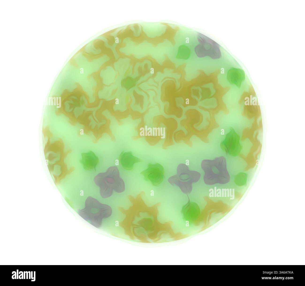 Un motivo vorticoso di verdi morbidi, gialli e sfumature di viola crea una texture lussureggiante e organica, che ricorda forme astratte naturali. Le curve e le forme dolci evocano un senso di tranquillità e fluidità, invitando a contemplare la bellezza della natura. Arte classica con un tocco moderno reinventata da Artotop, tessuti francesi trasformati, prima metà del diciannovesimo secolo Foto Stock