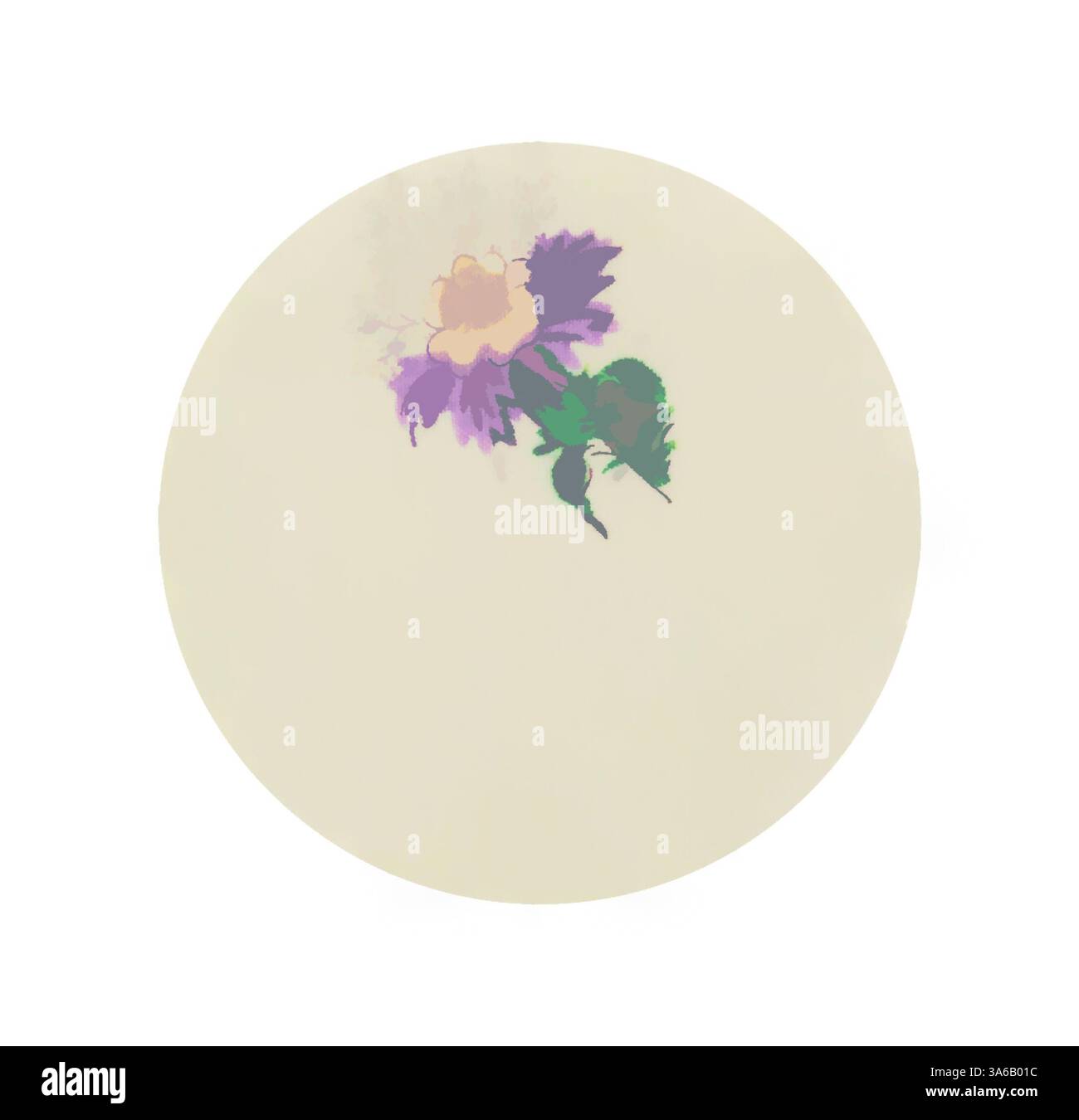 Una delicata illustrazione floreale caratterizzata da morbidi petali viola e foglie verdi, su sfondo crema chiaro. La composizione si concentra sulla semplicità e la bellezza della natura. Arte classica con un tocco moderno reinventata da Artotop, tessuti francesi trasformati, prima metà del diciannovesimo secolo Foto Stock