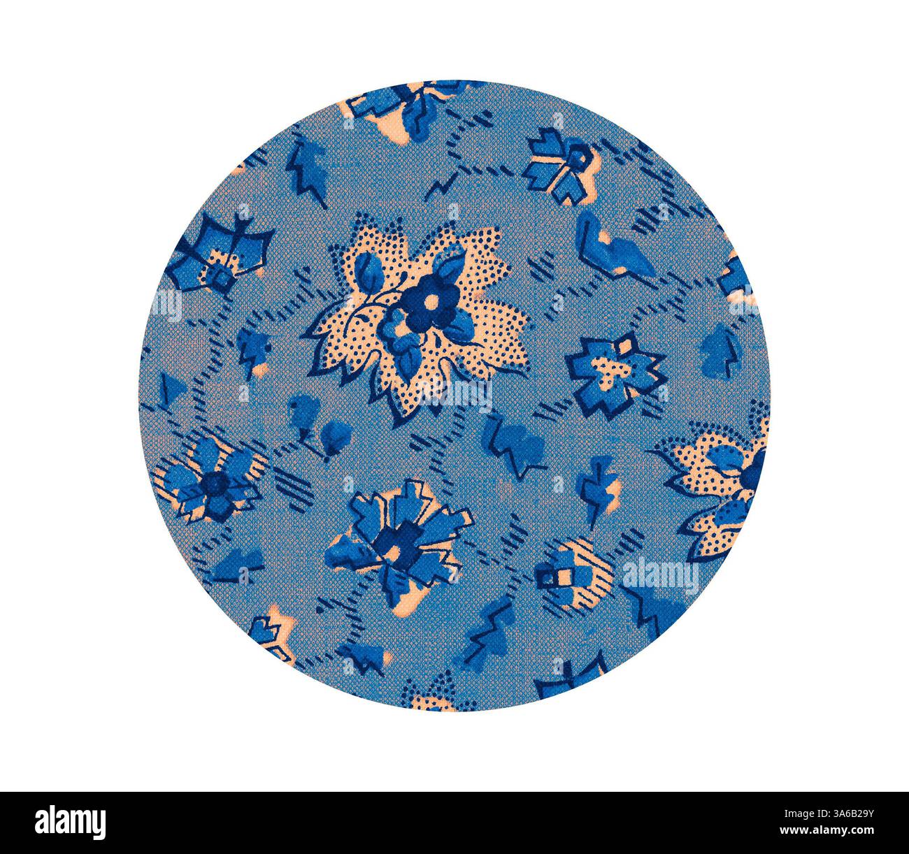 Un motivo circolare presenta vivaci disegni floreali blu e pesca, accentuati da trame tratteggiate e forme astratte, che creano una composizione vivace e ritmica. Arte classica con un tocco moderno reinventata da Artotop, tessuti francesi trasformati, prima metà del diciannovesimo secolo Foto Stock