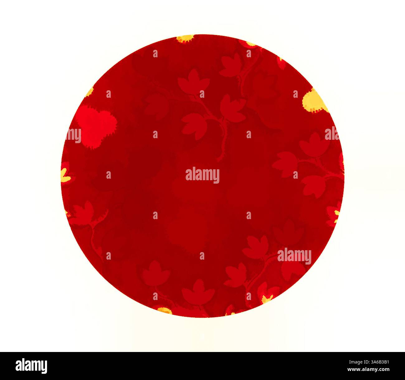 Un vivace design circolare caratterizzato da un ricco sfondo rosso adornato da delicati motivi floreali nelle tonalità del giallo e del rosso più profondo. Arte classica con un tocco moderno reinventata da Artotop, tessuti francesi trasformati, prima metà del diciannovesimo secolo Foto Stock