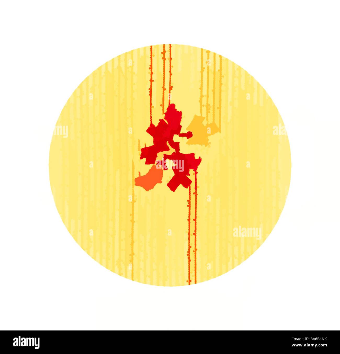 Una mappa stilizzata con vivaci tonalità di rosso e giallo, che evidenziano le aree urbane all'interno di una cornice circolare. Le regioni rosse si distinguono in modo evidente sullo sfondo caldo, suggerendo posizioni o zone di interesse chiave. Le linee verticali aggiungono texture e profondità al progetto complessivo. Arte classica con un tocco moderno reinventata da Artotop, tessuti francesi trasformati, prima metà del diciannovesimo secolo Foto Stock