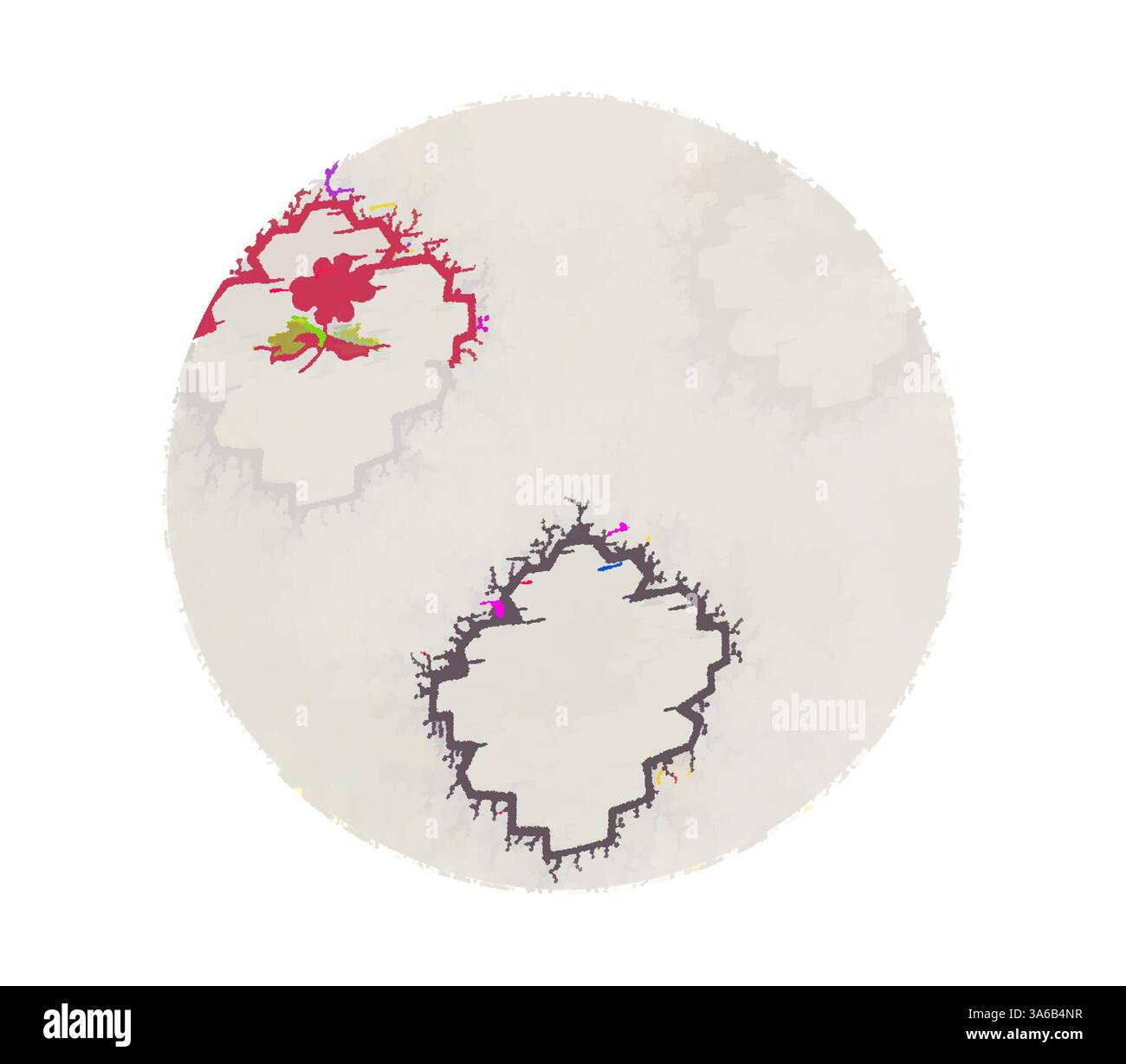 Un design circolare caratterizzato da forme organiche e complesse intrecciate a spruzzi di colore brillanti e vivaci, che creano un contrasto dinamico su uno sfondo più morbido. La composizione evoca un senso di complessità e movimento, somigliante a modelli astratti trovati in natura. Arte classica con un tocco moderno reinventata da Artotop, tessuti francesi trasformati, prima metà del diciannovesimo secolo Foto Stock