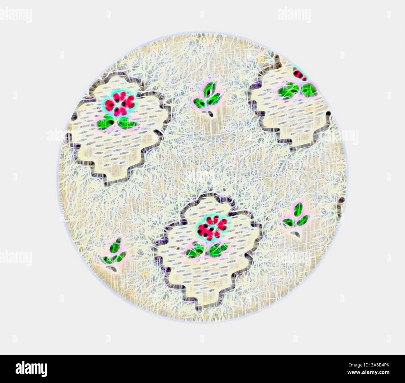 Un delicato motivo in pizzo caratterizzato da intricati motivi floreali con vivaci fiori rossi e foglie verdi, il tutto su uno sfondo morbido e testurizzato. Arte classica con un tocco moderno reinventata da Artotop, tessuti francesi trasformati, prima metà del diciannovesimo secolo Foto Stock