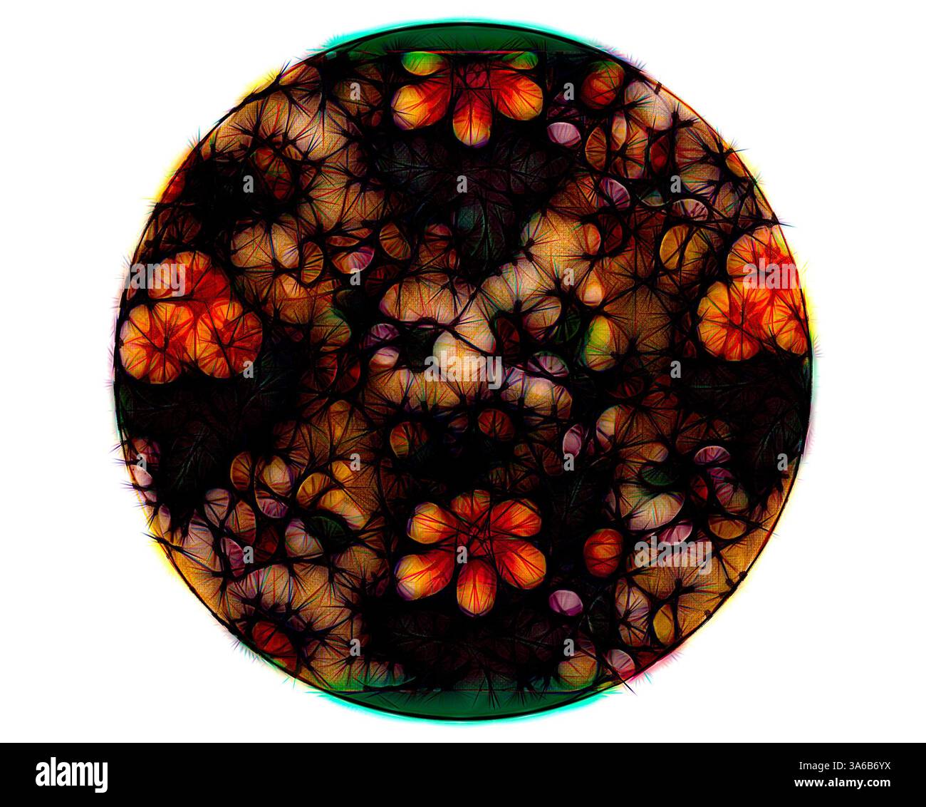 Un'intricata esposizione di fantasie vorticose e colori vivaci, somiglia a un fantastico giardino di forme floreali astratte, intrecciate con elementi scuri che creano profondità e intrighi. Arte classica con un tocco moderno reinventata da Artotop, tessuti francesi trasformati, prima metà del diciannovesimo secolo Foto Stock