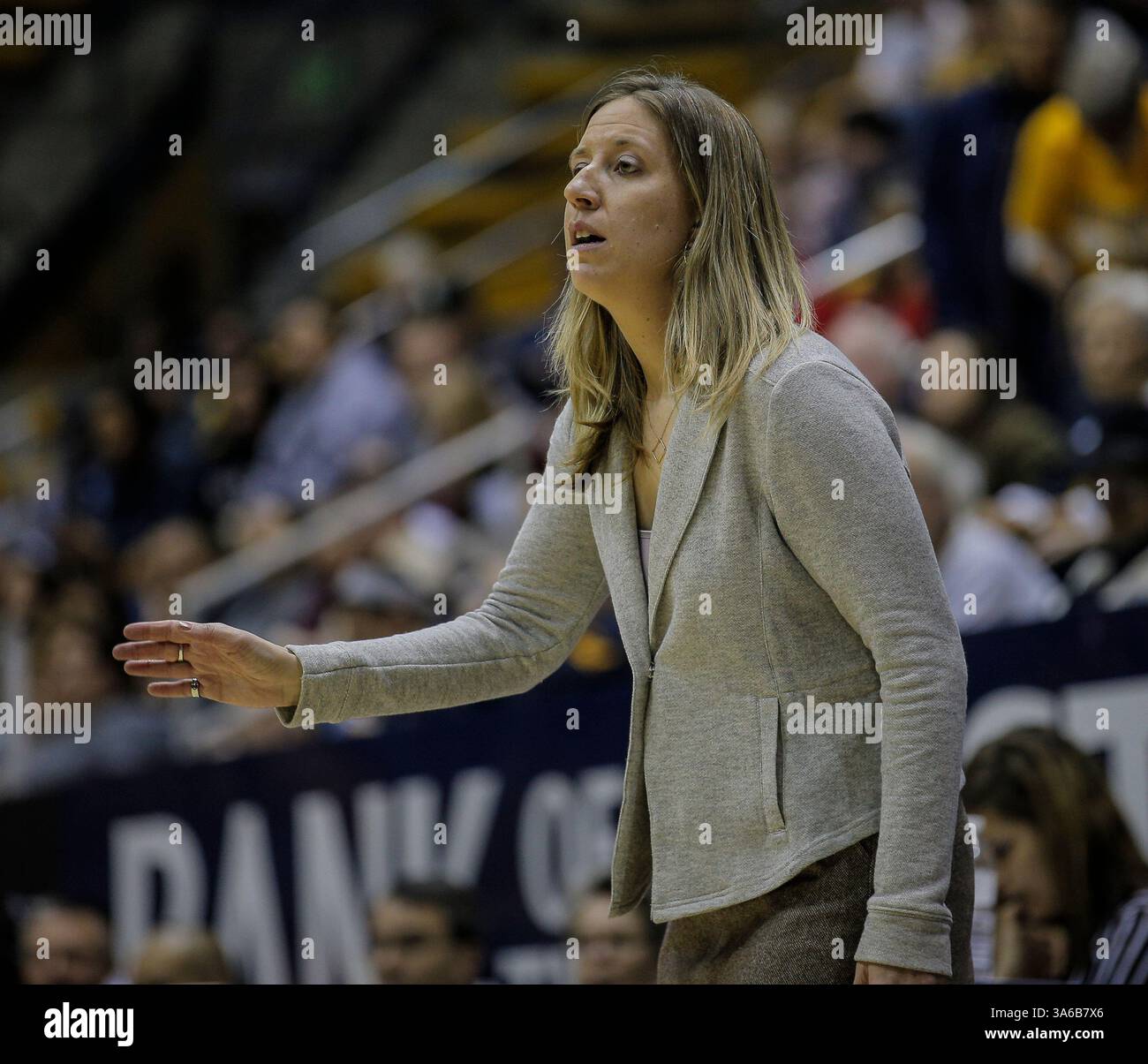 3 gennaio 2015 - Berkeley CA - California Head Coach Lindsay Gottlieb durante la partita di pallacanestro femminile NCAA tra Utah Utes e California Golden Bears 67-49 vince all'Hass Pavilion Berkeley California. (Immagine di credito: © Thurman James/Cal Sport Media/ZUMAPRESS.com) Foto Stock