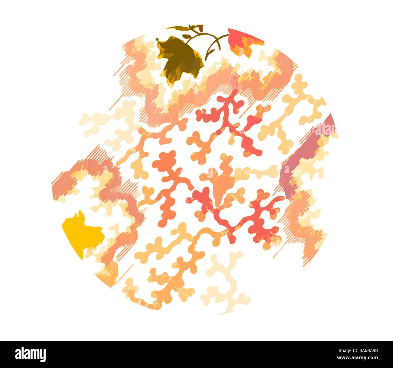 Una composizione astratta caratterizzata da forme intrecciate e colori vivaci, che ricordano i motivi organici presenti in natura. Il design evoca un senso di fluidità e movimento, unendo tonalità calde e texture delicate. Arte classica con un tocco moderno reinventata da Artotop, tessuti francesi trasformati, prima metà del diciannovesimo secolo Foto Stock