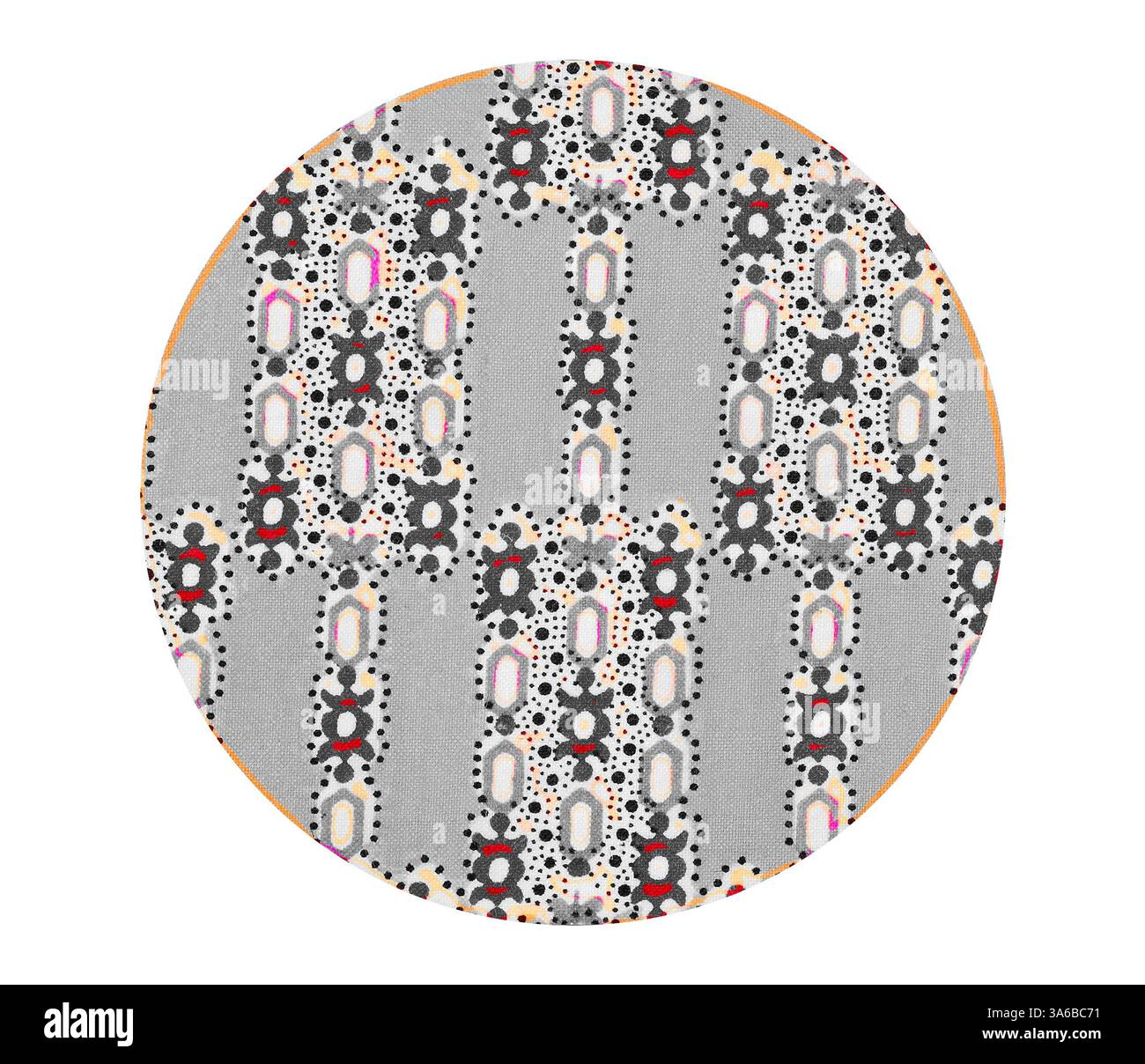 Un design circolare caratterizzato da un motivo vibrante con forme geometriche ripetute, che incorpora punti e linee in un mix di colori tra cui rosso, nero e sfumature sottili. La disposizione crea un effetto dinamico e visivamente coinvolgente. Arte classica con un tocco moderno reinventata da Artotop, tessuti francesi trasformati, prima metà del diciannovesimo secolo Foto Stock