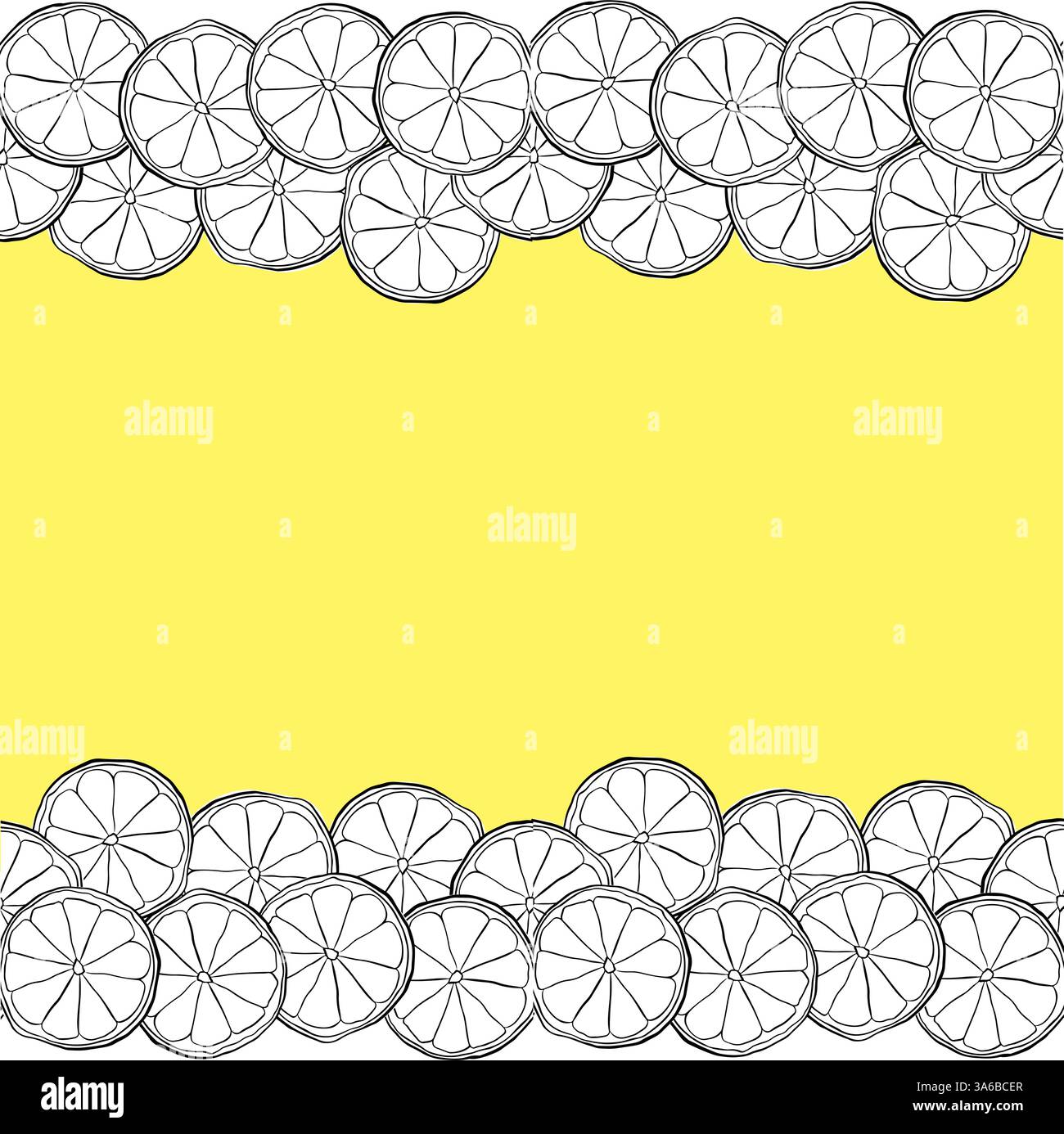 bordo senza cuciture arancio limone e agrumi a fette. Illustrazione gialla del vettore di inchiostro con linea grafica e posizione per il testo. Design per menu, pacchetto, cosm Illustrazione Vettoriale