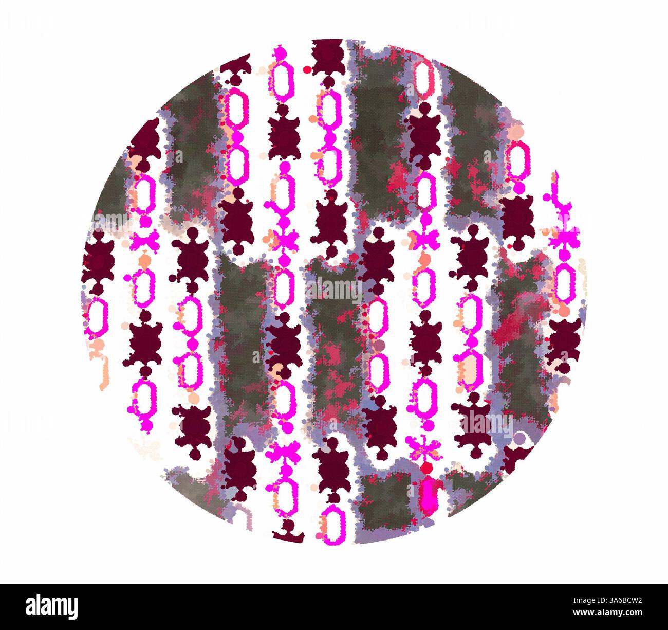 Un design circolare caratterizzato da una disposizione dinamica di vivaci forme rosa e marrone intenso intervallate da forme astratte, su uno sfondo silenzioso. La composizione evoca un senso di movimento ritmico e giocosa complessità. Arte classica con un tocco moderno reinventata da Artotop, tessuti francesi trasformati, prima metà del diciannovesimo secolo Foto Stock