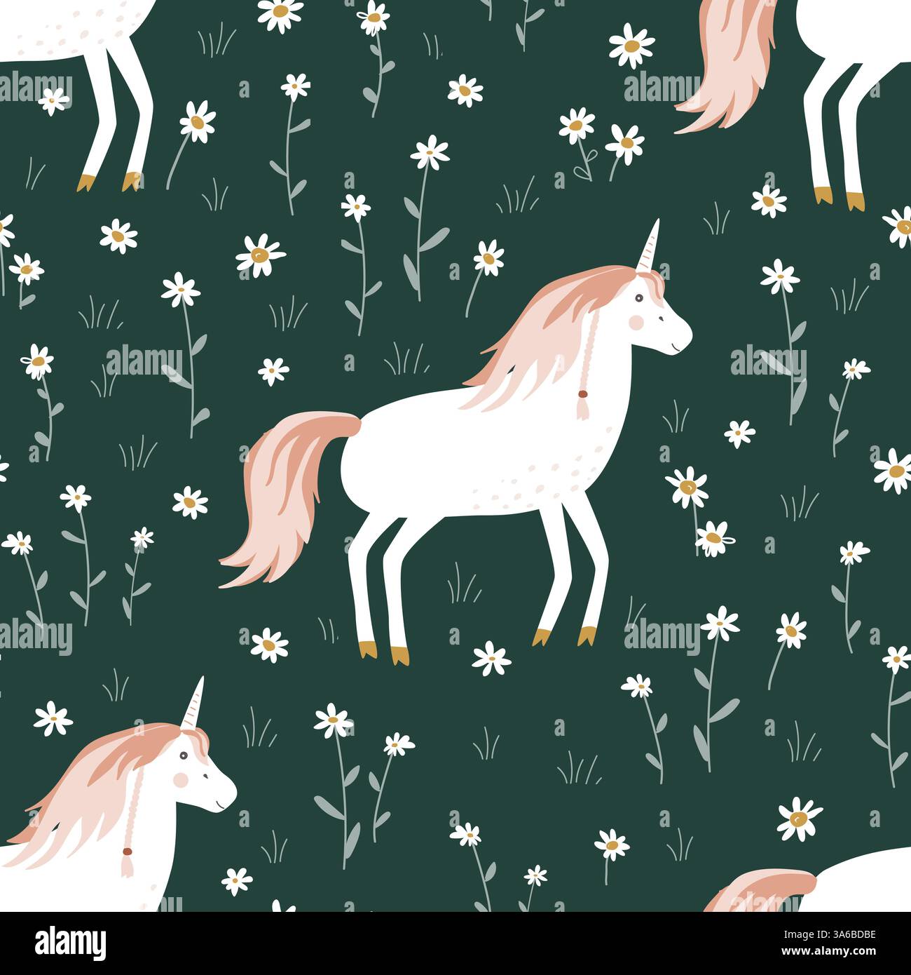 Motivo senza cuciture con simpatico unicorno nel prato floreale. Illustrazione della nursery dei cartoni animati. Vettore del cavallo delle fate. Illustrazione Vettoriale