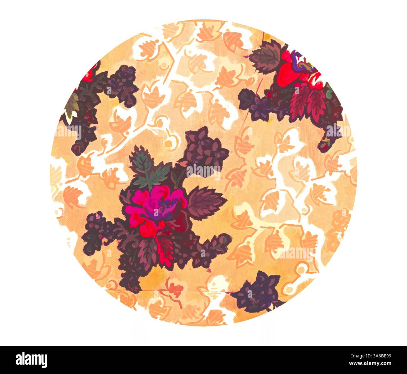 Un motivo circolare caratterizzato da rose vivaci e vigne frondose su un caldo sfondo dorato, che crea un ricco arazzo di design floreale. Arte classica con un tocco moderno reinventata da Artotop, tessuti francesi trasformati, prima metà del diciannovesimo secolo Foto Stock