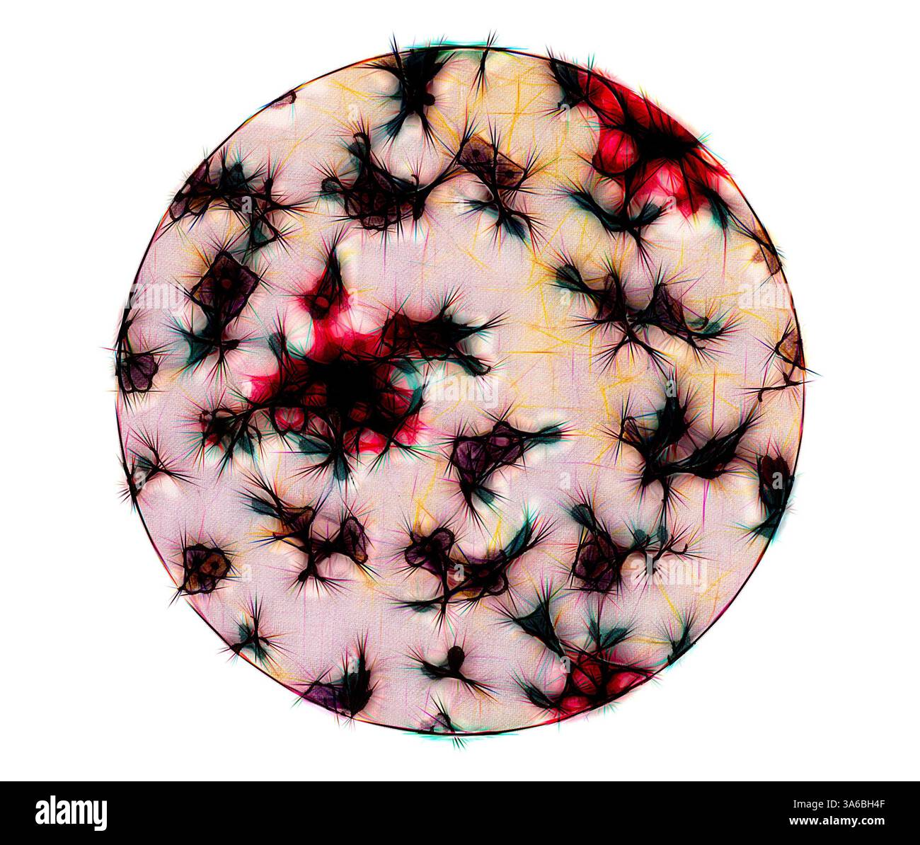 Una rappresentazione vibrante e astratta con motivi e texture intricati, che assomigliano a una struttura cosmica o biologica, con una miscela di colori che creano un senso di profondità e movimento. Arte classica con un tocco moderno reinventata da Artotop, tessuti francesi trasformati, prima metà del diciannovesimo secolo Foto Stock