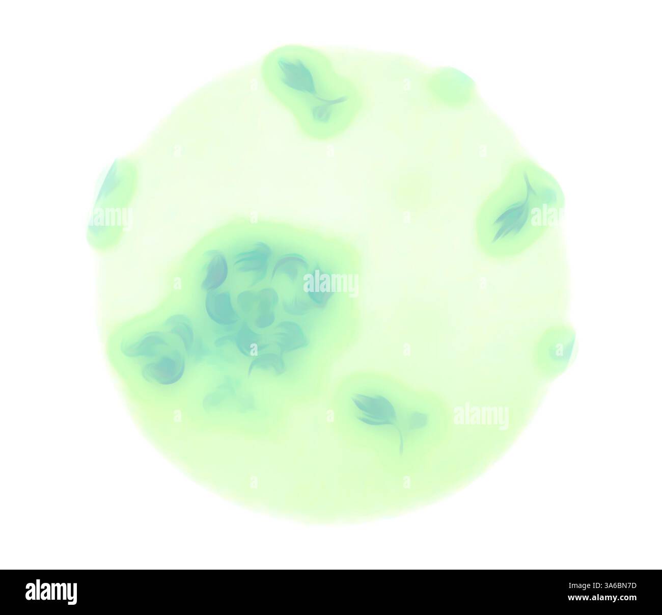 Una rappresentazione astratta e soffusa di un pianeta, caratterizzata da delicate macchie verdi e forme organiche che suggeriscono fogliame o vita marina. L’effetto complessivo comunica un senso di tranquillità e la dolcezza della natura. Arte classica con un tocco moderno reinventata da Artotop, tessuti francesi trasformati, prima metà del diciannovesimo secolo Foto Stock