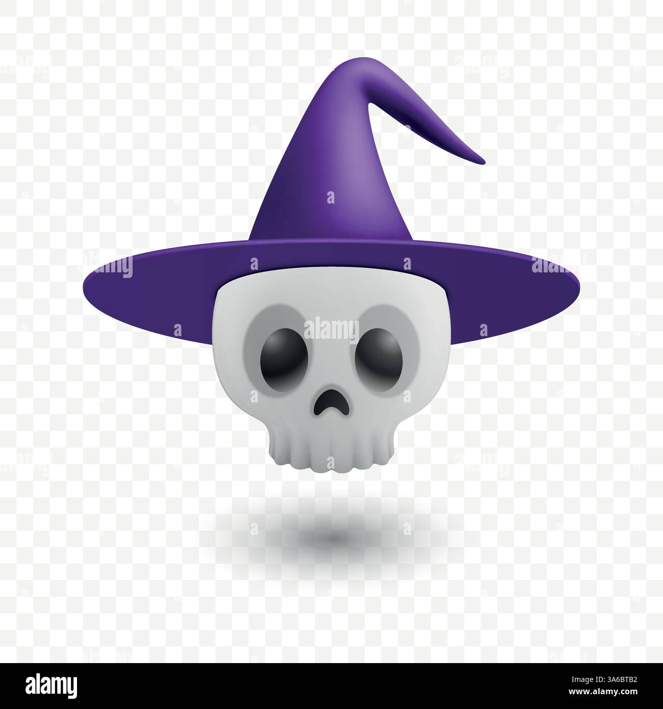 Teschio galleggiante spettrale con cappello da strega. Spaventoso fantasma di Halloween con Shadow. Inquietante spirito infestato, personaggio magico per Halloween, testa galleggiante con Illustrazione Vettoriale