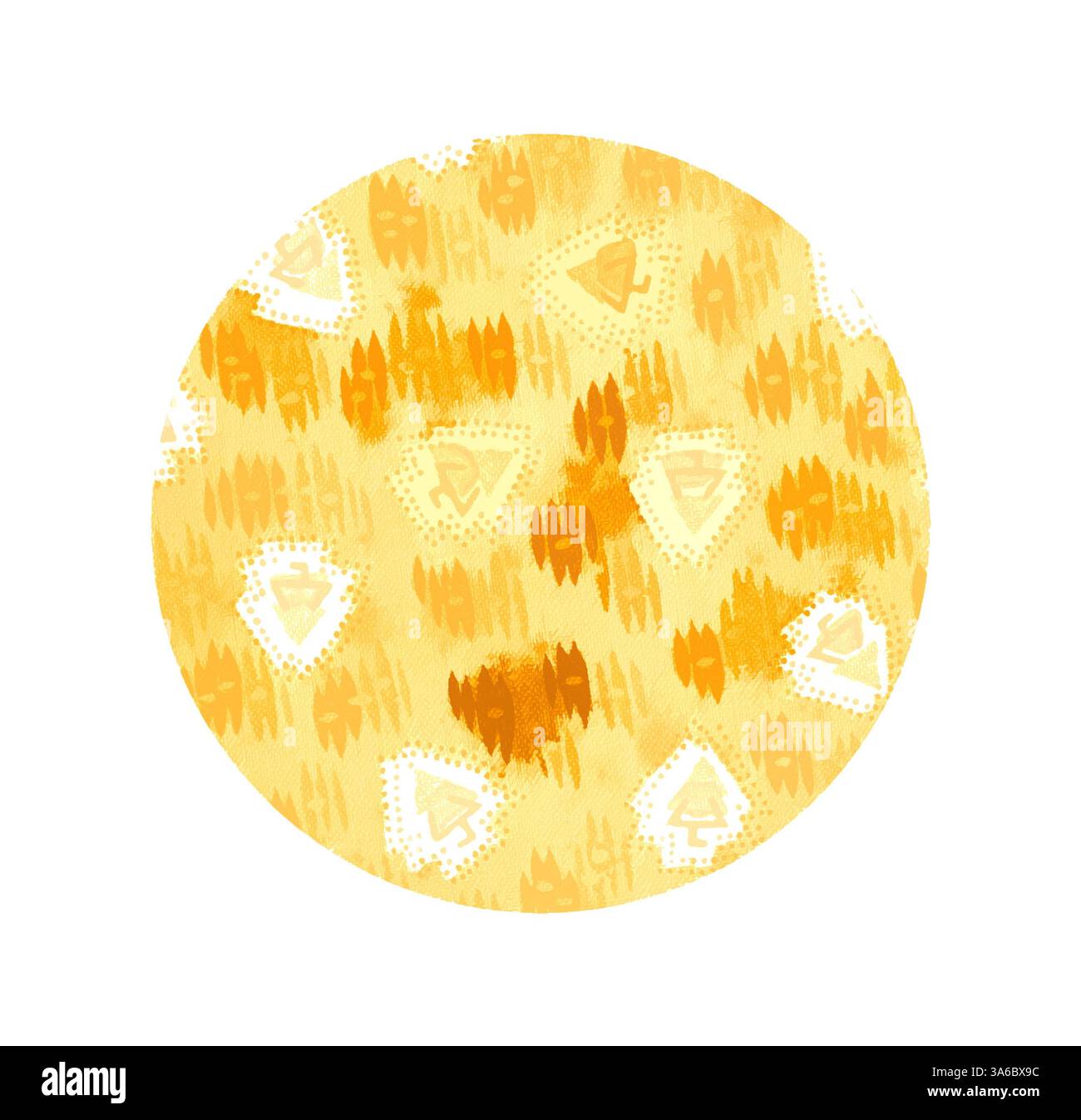 Un design vibrante e circolare caratterizzato da calde tonalità gialle, adornato da motivi giocosi che includono cuori e forme a triangolo, creando un effetto allegro e stravagante. Arte classica con un tocco moderno reinventata da Artotop, tessuti francesi trasformati, prima metà del diciannovesimo secolo Foto Stock