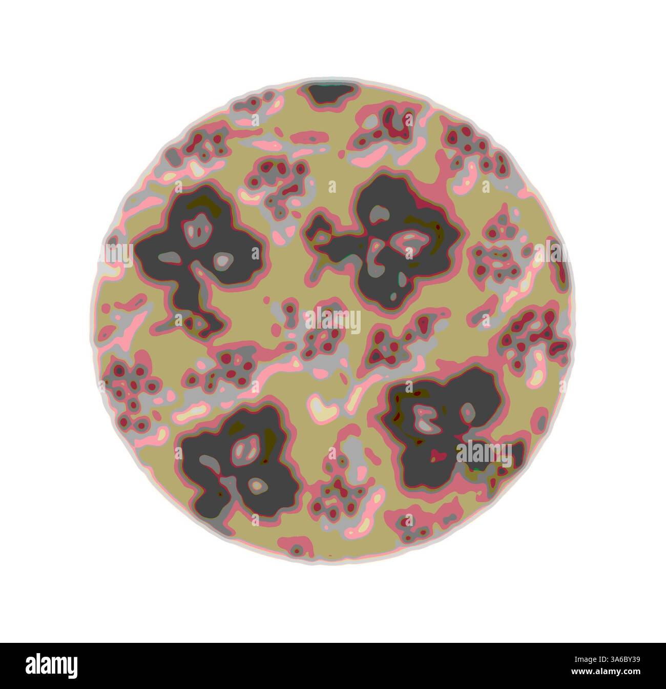 Una superficie circolare decorata da intricati motivi floreali in tonalità rosa, oliva e grigio scuro, crea un design dinamico e di grande impatto visivo. Arte classica con un tocco moderno reinventata da Artotop, tessuti francesi trasformati, prima metà del diciannovesimo secolo Foto Stock