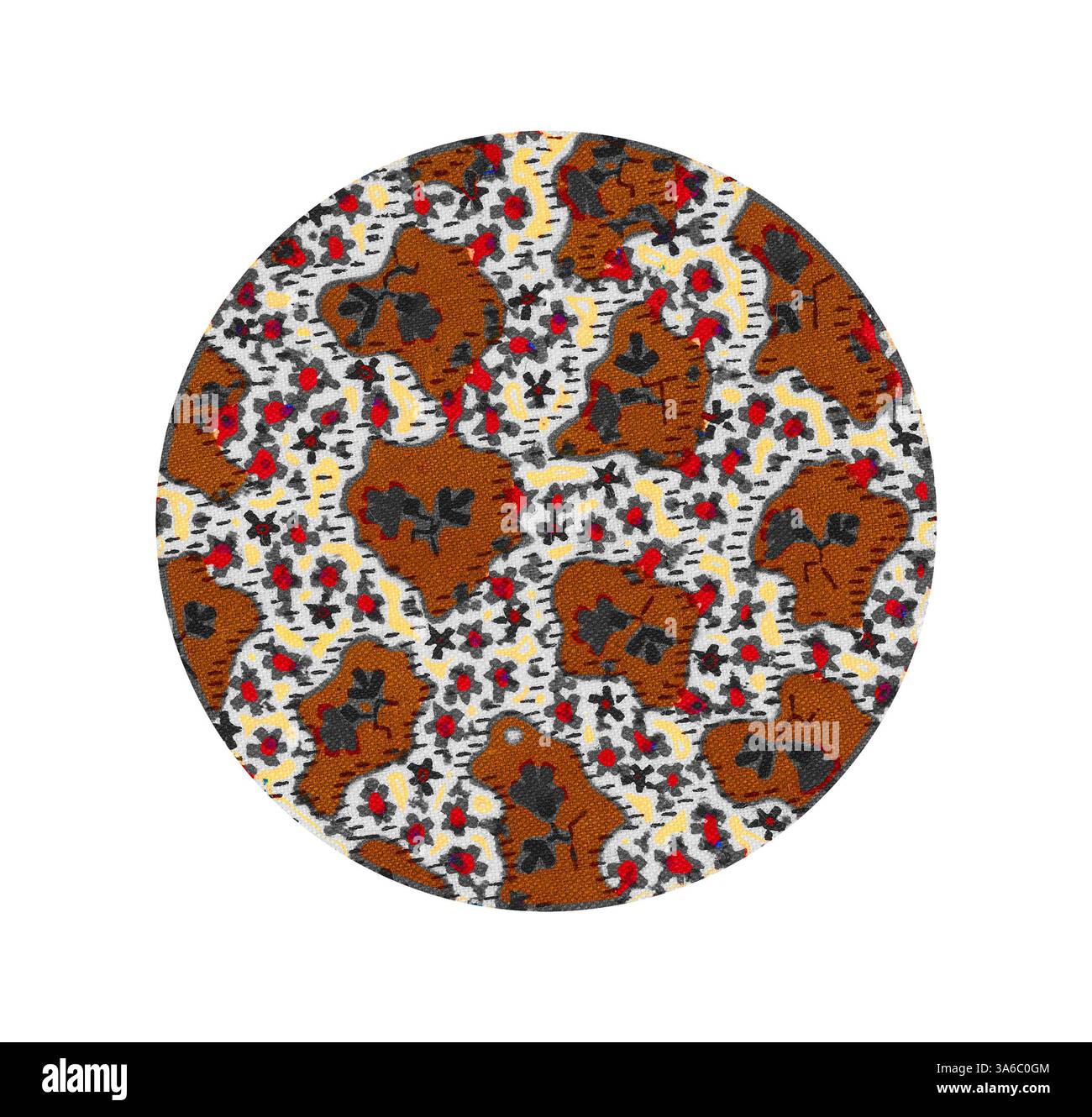 Un design in tessuto circolare caratterizzato da un vivace motivo floreale con forme marroni, accentuato da elementi rossi e grigi scuri su sfondo chiaro. Arte classica con un tocco moderno reinventata da Artotop, tessuti francesi trasformati, prima metà del diciannovesimo secolo Foto Stock