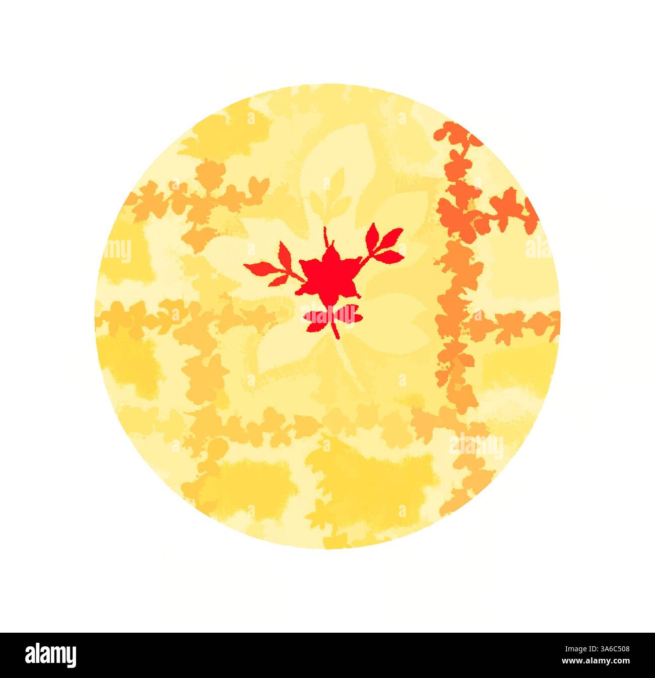 Un design circolare caratterizzato da un vibrante sfondo giallo adornato con forme organiche e un suggestivo elemento floreale rosso al centro, circondato da un arazzo di calde tonalità. Arte classica con un tocco moderno reinventata da Artotop, tessuti francesi trasformati, prima metà del diciannovesimo secolo Foto Stock