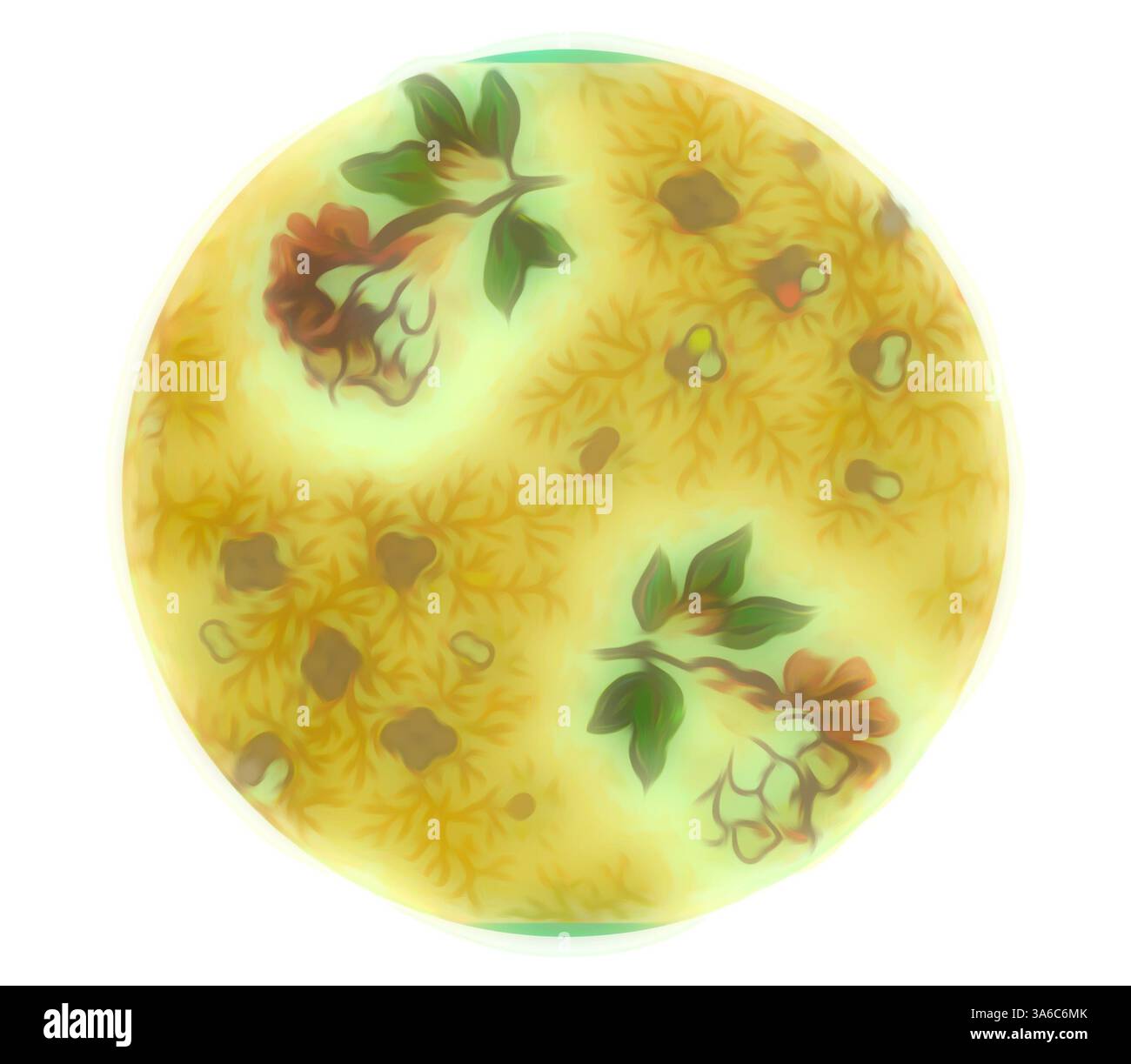 Un piatto circolare presenta una superficie vibrante e ruvida decorata con delicati elementi botanici, che presenta un mix di verdi tenui e toni terrosi. Il design ricorda i motivi naturali che si trovano nella flora, offrendo un'estetica organica e artistica. Arte classica con un tocco moderno reinventata da Artotop, tessuti francesi trasformati, prima metà del diciannovesimo secolo Foto Stock