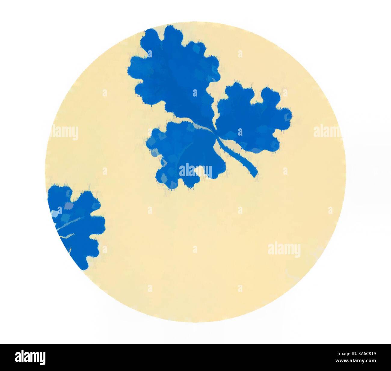 Design circolare con foglie blu vibranti su uno sfondo morbido e neutro, che crea un contrasto sorprendente che mette in risalto le forme naturali. Arte classica con un tocco moderno reinventata da Artotop, tessuti francesi trasformati, prima metà del diciannovesimo secolo Foto Stock