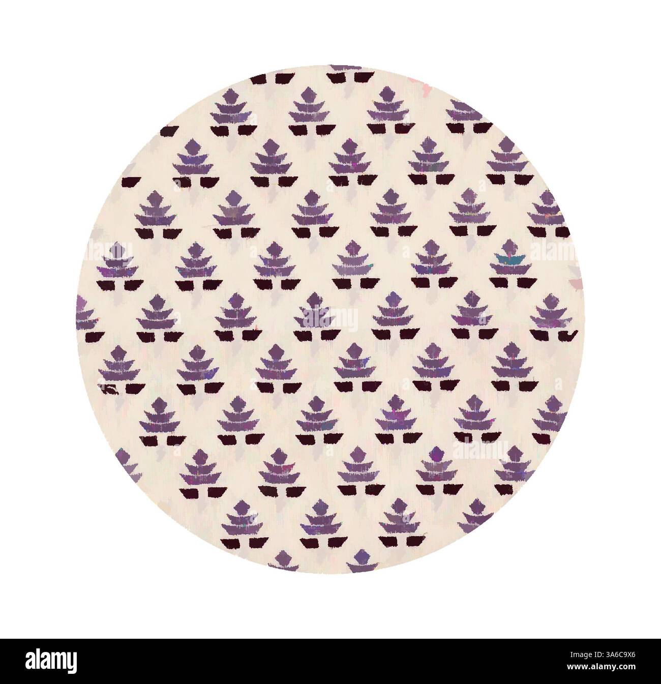 Un tessuto rotondo caratterizzato da un pattern ripetitivo di piante in fiore stilizzate in tonalità viola e nero, su un morbido sfondo crema. Arte classica con un tocco moderno reinventata da Artotop, tessuti francesi trasformati, prima metà del diciannovesimo secolo Foto Stock
