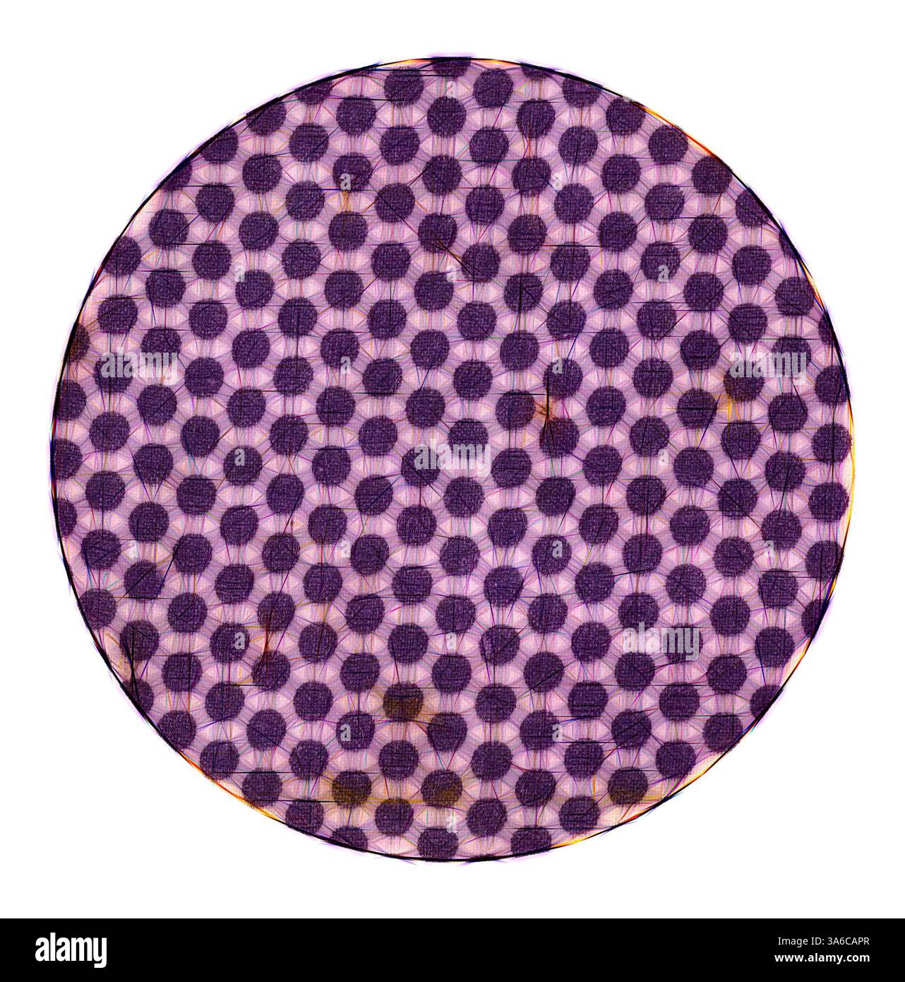 Un design circolare caratterizzato da un pattern ripetitivo di cerchi scuri su sfondo chiaro, che crea una texture visivamente sorprendente e ritmica. Le sottili variazioni di colore aggiungono profondità e interesse alla composizione complessiva. Arte classica con un tocco moderno reinventata da Artotop, tessuti francesi trasformati, prima metà del diciannovesimo secolo Foto Stock