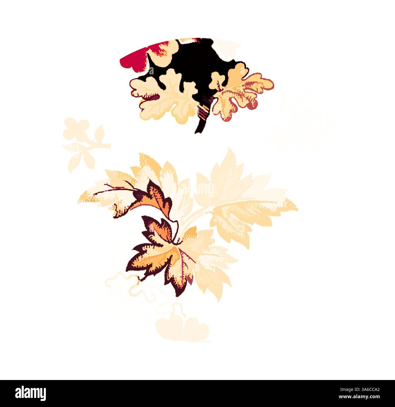 Un design decorativo con foglie stilizzate in varie tonalità, che fondono motivi intricati con forme naturali, creando una composizione elegante e armoniosa. Arte classica con un tocco moderno reinventata da Artotop, tessuti francesi trasformati, prima metà del diciannovesimo secolo Foto Stock