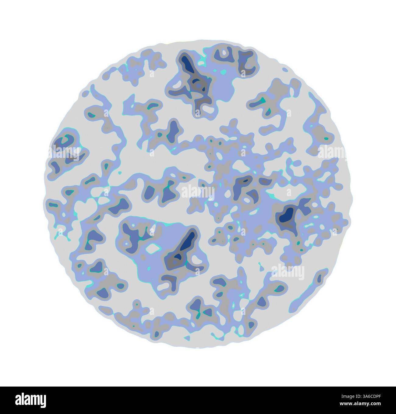 Una rappresentazione astratta di una superficie circolare, che mostra motivi intricati e organici che assomigliano alle texture presenti in natura, mescolando sfumature di grigio e blu, creando un'atmosfera eterea e ultraterrena. Arte classica con un tocco moderno reinventata da Artotop, tessuti francesi trasformati, prima metà del diciannovesimo secolo Foto Stock