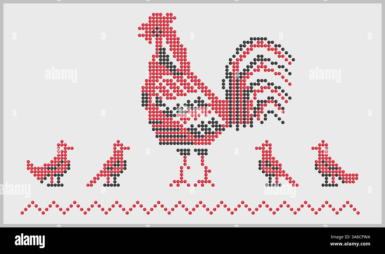 Ornamento di perline di gallo e uccelli dall'Ucraina meridionale con motivi ricamati Foto Stock