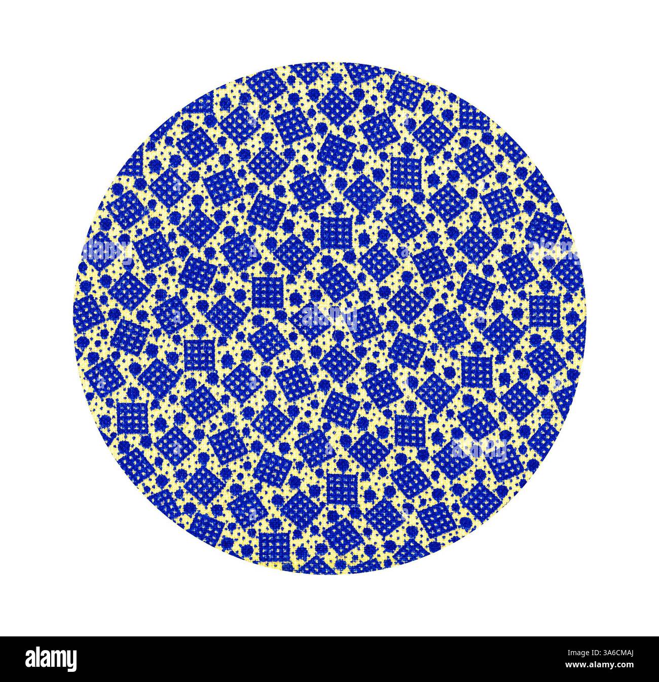 Un vivace motivo circolare caratterizzato da un design intricato di forme e motivi blu su uno sfondo chiaro, creando una composizione visivamente sorprendente e ritmica. Arte classica con un tocco moderno reinventata da Artotop, tessuti francesi trasformati, prima metà del diciannovesimo secolo Foto Stock