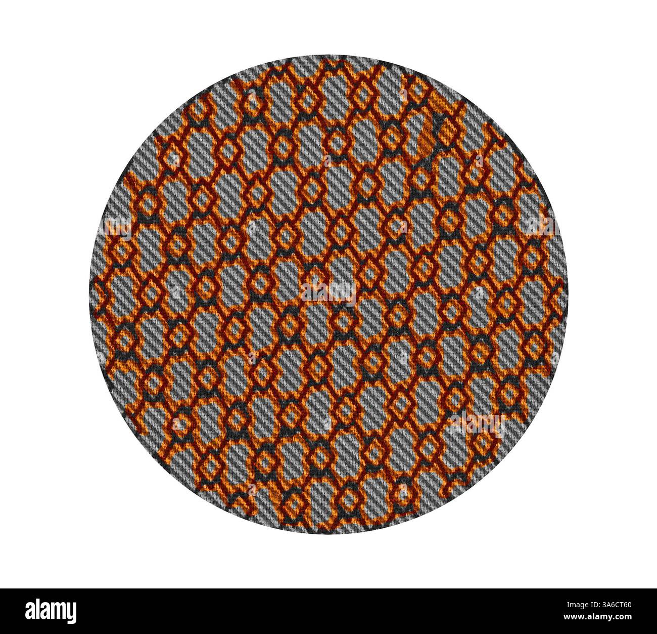 Un design circolare caratterizzato da un intricato motivo di forme a incastro in vibrante arancione e grigio scuro, che crea una texture ritmica e accattivante. Arte classica con un tocco moderno reinventata da Artotop, tessuti francesi trasformati, prima metà del diciannovesimo secolo Foto Stock