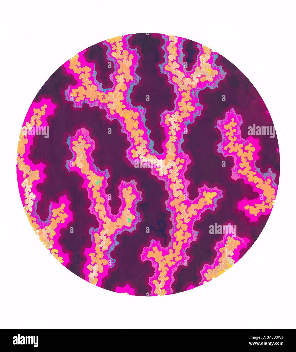 Un design vibrante e astratto caratterizzato da fantasie vorticose in tonalità audaci di rosa, arancione e viola intenso, che evocano le intricate formazioni presenti nelle barriere coralline. Arte classica con un tocco moderno reinventata da Artotop, tessuti francesi trasformati, prima metà del diciannovesimo secolo Foto Stock