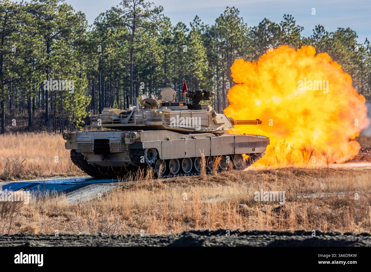 Soldati della compagnia Echo, 1st Battalion, 81st Armor Regiment, 194th Armored Brigade, conducono addestramento di artiglieria con il carro armato M1 Abrams, 14 gennaio 2025 Foto Stock