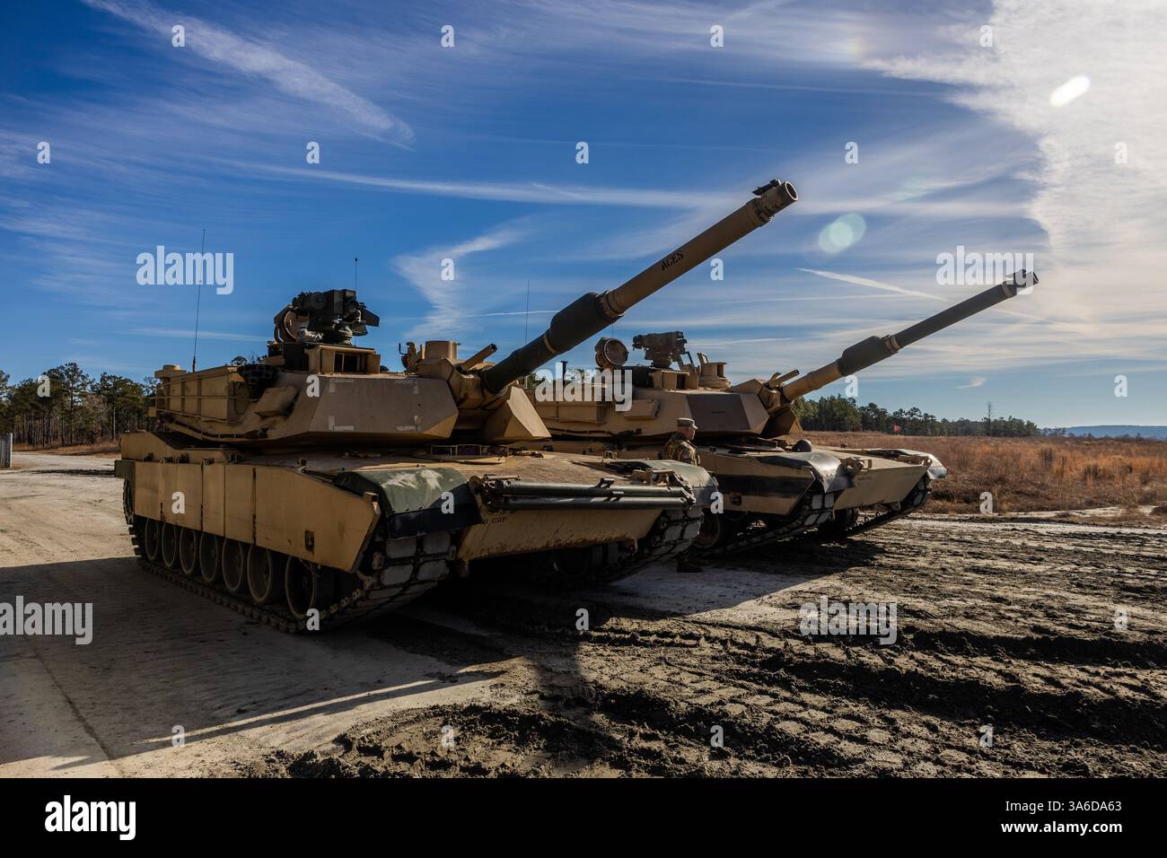 Soldati della compagnia Echo, 1st Battalion, 81st Armor Regiment, 194th Armored Brigade, conducono addestramento di artiglieria con il carro armato M1 Abrams, 14 gennaio 2025 Foto Stock