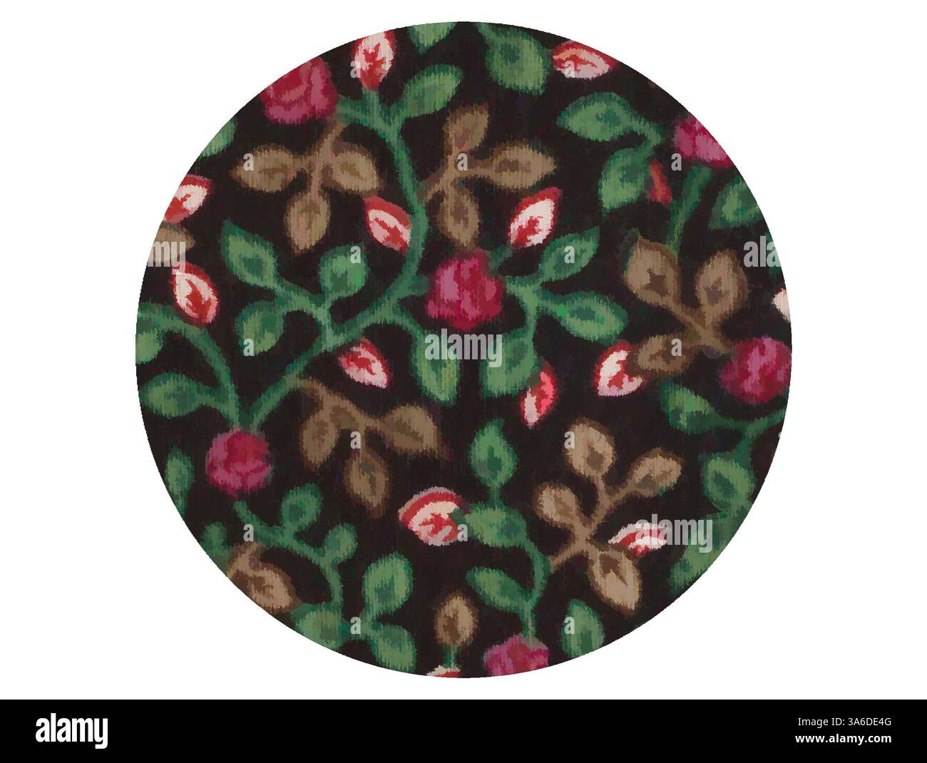 Un vivace motivo floreale caratterizzato da rose fiorite e vegetazione lussureggiante su uno sfondo scuro, che crea un lussureggiante arazzo di colore e natura. Arte classica con un tocco moderno reinventata da Artotop, tessuti francesi trasformati, prima metà del diciannovesimo secolo Foto Stock