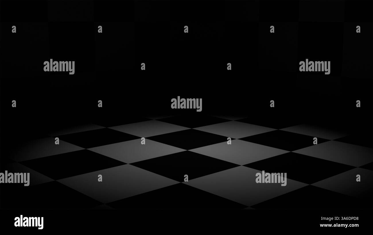 Modello 3D di una scacchiera con un fascio di luce al buio, gioco, scacchi, scacchiera Foto Stock